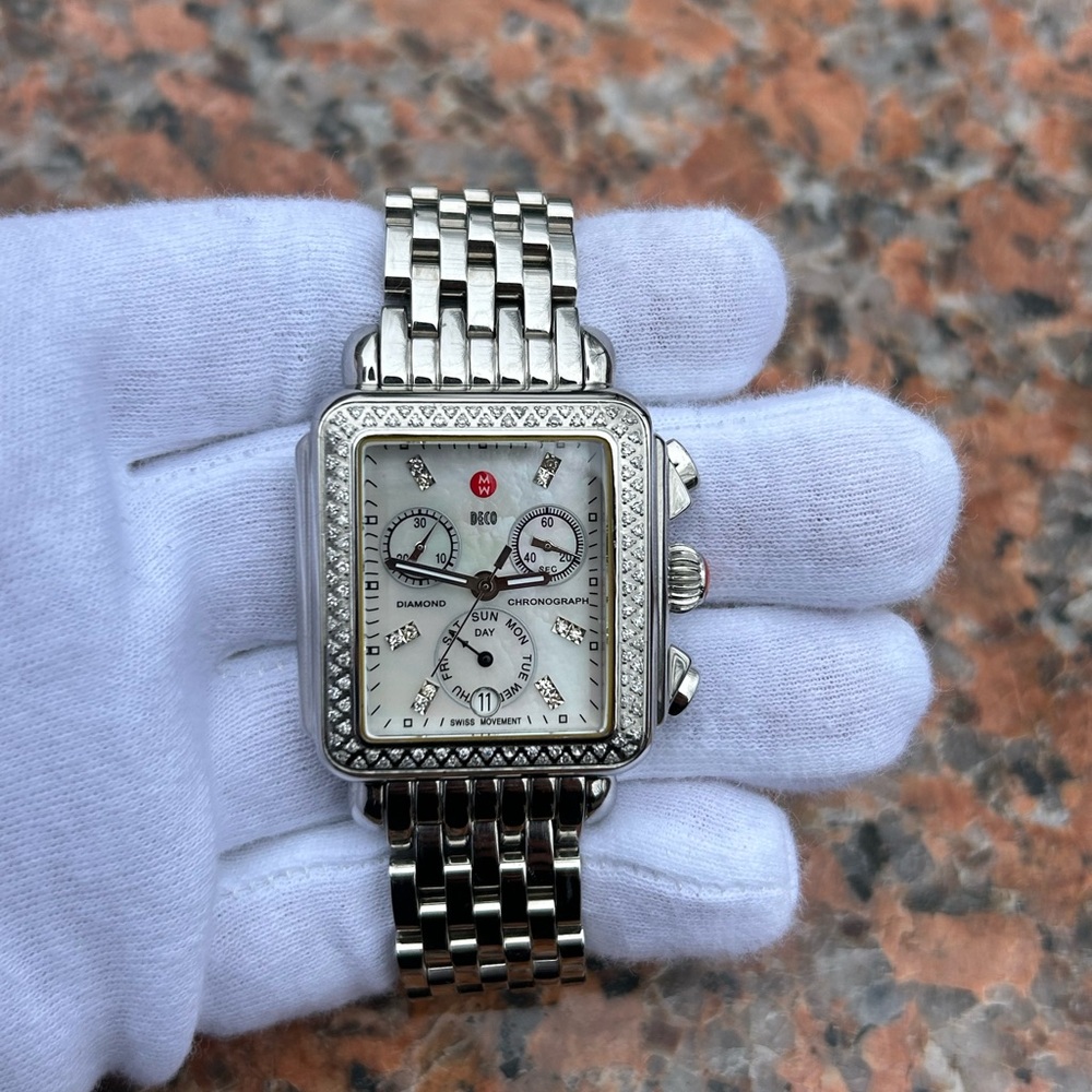 MICHELE DECO MOP DIAMOND DIAL AND BEZEL CHRONOGRAPH LADIES WATCH - Picture 11 of 15